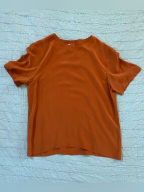 100% Silk Boutique Short Sleeve Blouse Rust Orange Back Button Detail Small